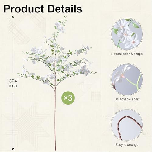 Fake Flowers, 3 Pcs Artificial Flowers Greenery Stems Faux Greenery Stems Branches for Vases Realistic Silk Real Touch Spring Greenery Stems Bulk Bedroom Office Wedding Table Summer Home Decor - Image 2