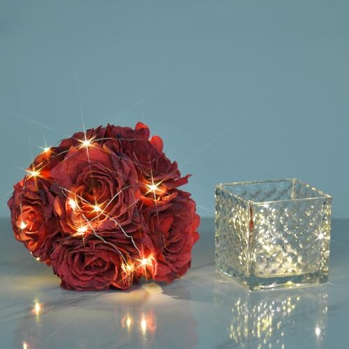Silk Roses in Glass Vase with LED, Low Centerpiece for Table, Red - Image 6
