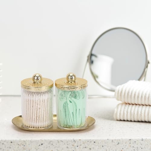 Tbestmax 2 Pack Qtip Holder with Gold Tray, 10oz Plastic Canister Apothecary Jar for Cotton Swabs, Balls, Pads, Floss Picks - Clear Bathroom Essentials Accessories Decor - Image 5