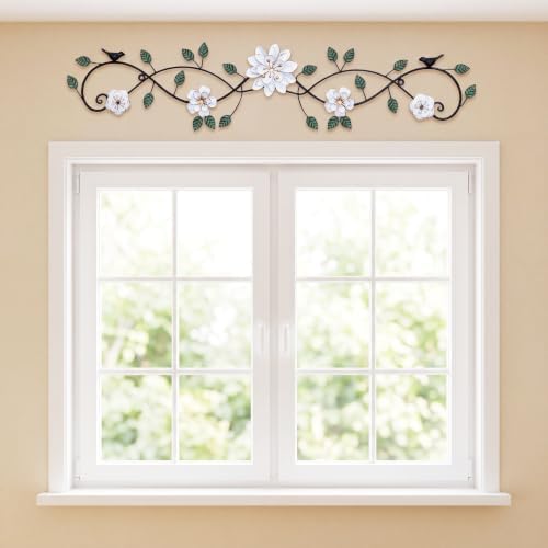 Birminwind Metal Flower Wall Art above Door: 3D Floral Wall Décor above Window with Bird Leaves - 32.28" French Country Decoration above Bed Couch Tv (White) - Image 3