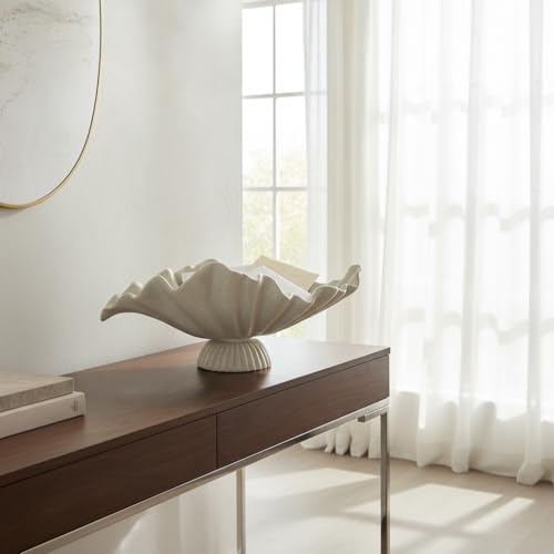 16" Large Decorative Bowl decor, Modern Home Decoration Scallop Bowl,Fashion Key Bowl for Entrance Table, Decorative Fruit Bowl for Kitchen Counter, Ruffle Decor, With Base, Light Gray - Image 2