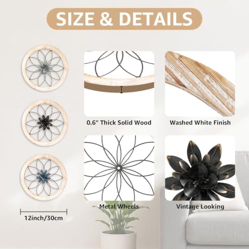 Paquesta 3 Piece Round Farmhouse Wall Decor with 6 Piece Interchangeable Flowers 12'' Medallion Wood & Metal Rustic Wall Art for Living Room Bedroom Kitchen Bathroom Dining Room Home Decorations - Image 2