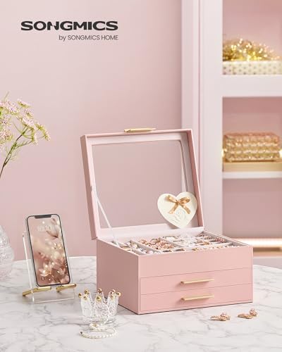 SONGMICS Jewelry Box Organizer, 3-Layer Storage with 2 Drawers, Glass Lid - Image 2