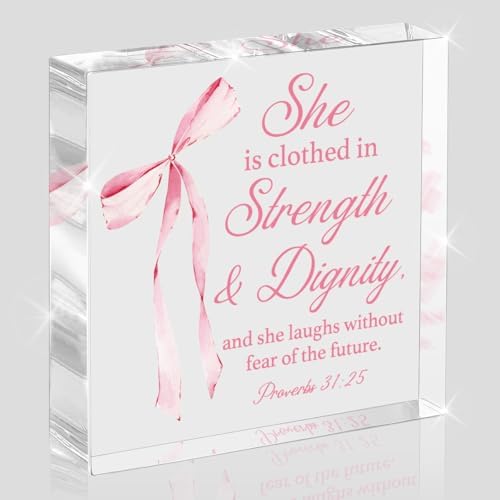 Pink Room Decor, Inspirational Bible Verse Quotes, Christian Gifts for Women, Coquette Aesthetic Bow Dorm Decoration, Office Decor for Women, Acrylic Office Desk Accessories Decoration-Proverbs 31:25 by Unknown