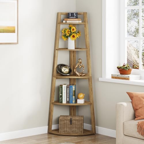 Tribesigns 70 inch Tall Corner Shelf, 5 Tier Modern Corner Bookshelf Bookcase Industrial Corner Ladder Shelf Plant Stand for Living Room, Kitchen, Home Office (Light Brown) - Image 6