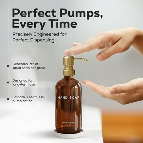 Luxury Glass Hand Soap Dispenser Bathroom Set by Brighter Barns - Refillable Liquid Hand Soap Dispenser Set for Kitchen - Gold Bathroom Decor and Accessories for Spa, Office, Hotel, Gifts (Amber/Gold) - Image 4