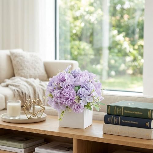 TKAS Fake Flowers Arrangement in Ceramic Vase, Artificial Faux Silk Hydrangea, Small Realistic Dried-Style Floral Centerpiece for Dining Table, Wedding Party Home Decoration (Purple) - Image 3