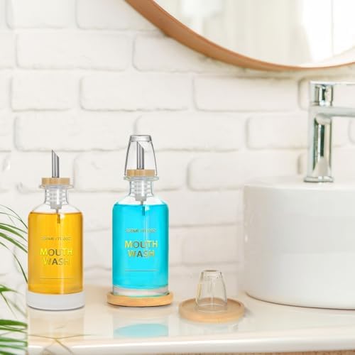 Mouthwash Dispenser for Bathroom 11.8oz – Clear Glass Mouthwash Bottle with Bamboo Tray, Silicone Base, Gold Hot-Stamped Lettering, Refillable Mouthwash Container for Bathroom (Clear) - Image 6