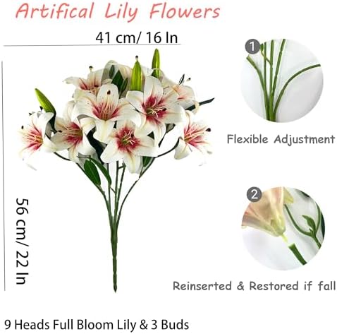 12 Artificial Lily Flowers with 9 Heads Full Bloom Lily & 3 Buds, Long Stem Artificial Stargazer Lilies, Faux Tiger Bouquets for Home Hotel Office Party Decor Table Centerpieces（White Pink - Image 5