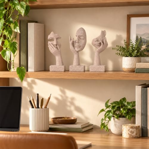 3 Pcs Thinker Statue - Resin Art Abstract Home Accent Figurines for Decor Apartment Bookshelf Floating Shelf Living Room Coffee Table Office Desk Counter Decor (3 Pcs Sandstone, 6") - Image 5