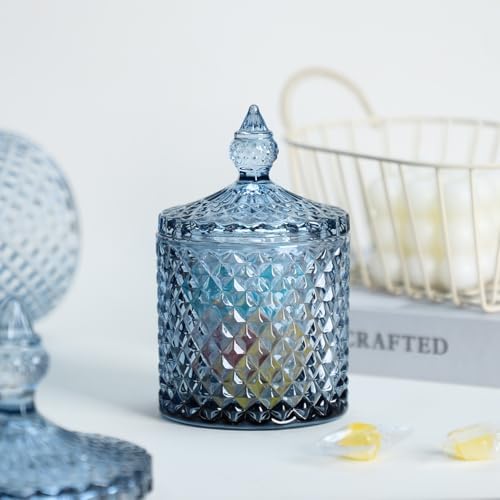 Sizikato Diamond Faceted Crystal Glass Candy Jar with Lid, Blue Decorative Jar, Jewelry Box, Cotton Swab Storage Holder. - Image 3