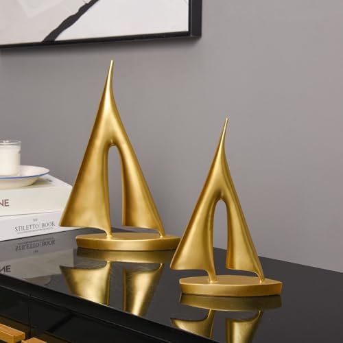 Modern Sculptures Home Decor, Gold Sailboat Decor Ornament, Boat Decorations Statue Decor, Art Sculptures and Statues, Sailboat Gifts Home Office Bathroom Shelf Decor Nautical Decor (2 Pack) - Image 3