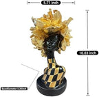 Lescafita Golden African Woman Statue – Luxurious Resin Figurine with Gold Floral Headpiece and Black-Gold Geometric Dress, Modern African Art Sculpture for Home and Office Décor - Image 3