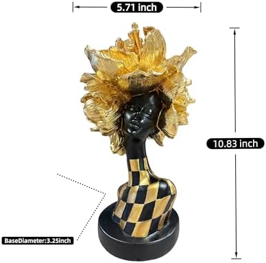Lescafita Golden African Woman Statue – Luxurious Resin Figurine with Gold Floral Headpiece and Black-Gold Geometric Dress, Modern African Art Sculpture for Home and Office Décor - Image 3