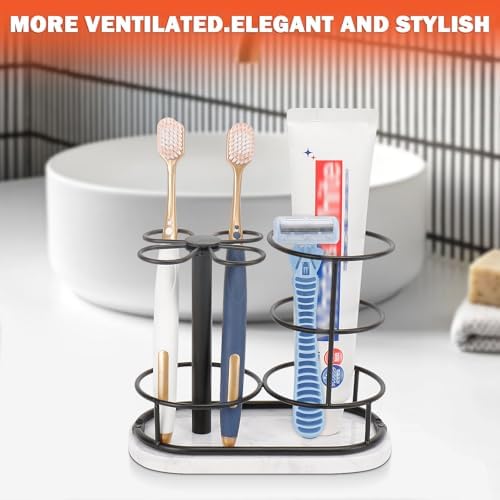 Toothbrush Holder Stand for Bathroom, Metal Toothbrush Organizer with Marble Base, Toothbrush Storage Collection for Family, Suitable for Home Hotel Countertop Vanity (Medium, Matte Black) - Image 4