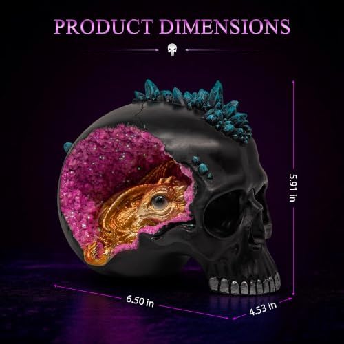 Resin Geode Skull Figurine Statue with Baby Dragon. Gifts for Skull Lovers - Image 3