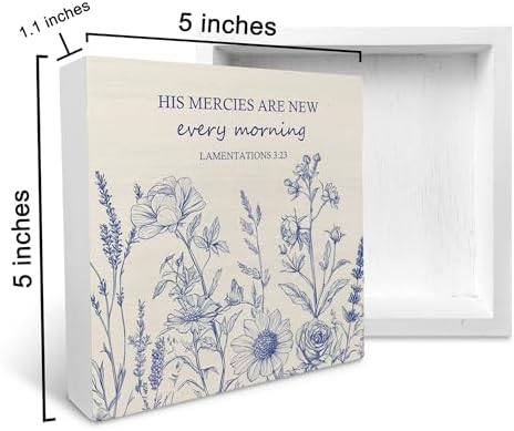 Ku-Dayi Blue and White Flowers Bible Verse Wooden Box Sign, Scripture Christian Wood Box Decorations for Church Home, His Mercies Are New Every Morning Wooden Block Plaque Desk Shelf Decor 5x5 Inch - Image 3