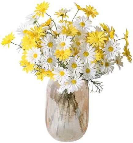 Artificial Daisy Flowers 12Pcs Artificial Flowers Silk Daisies with Stems Real Look for Home Wedding Garden Vase Decor (White+Yellow) by Bacucine