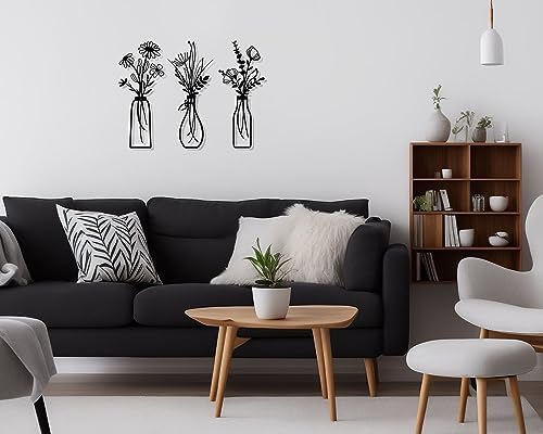 Pigort 3 Pieces Metal Flowers Wall Arts - Rustic Farmhouse Decor Black Minimalist Flower Wall Decors for Living room Bathroom Bedroom Dining Room - Housewarming Gifts(Black, Vase-C) - Image 4