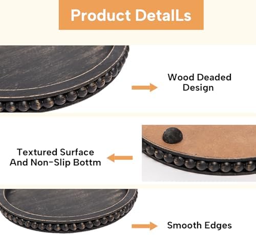 HPC Decor 12in Round Tray for Home Decor- Black Wood Beaded, Decorative Round Tray for Living Room Decor, Coffee Table Decor, Kitchen Table Decor or Farmhouse Serving Tray - Image 5