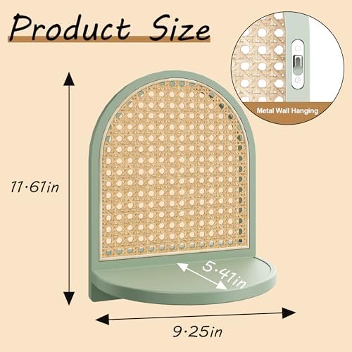 Rattan Wall Shelf Set of 3, 7''Green Rattan Shelves with Wicker Decor, Boho Decor Small Floating Shelves for Wall, Arched Shelf for Plant Figurines Display,Mini Shelves for Knick Knack Storage - Image 3