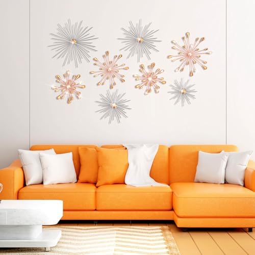 Blulu 8 Pcs Orange Metal Wall Art Cast Iron Starburst Wall Decor Bling Crystal Sculptures Living Room 3D Teardrop Radial Rhinestone Hanging Diamond Accents for Home Office Bedroom Entryway - Image 4