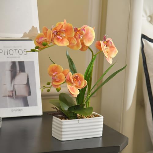 Artificial Real Touch Orchid Flowers with White Ceramic Vase, Orange - Image 3