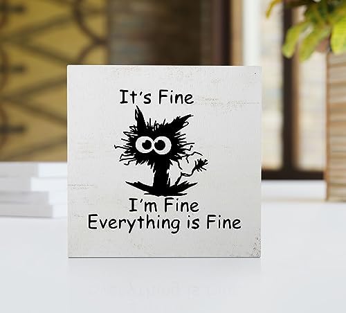 EIONEY Funny Office Desk Decor Sign,Funny Coworker Gift for Women Men,Cute Black Cat Decor for Home Office Table Shelf Wall,It's Fine I'm Fine Everything is Fine Wood Box Sign 5x5 Inch - Image 2