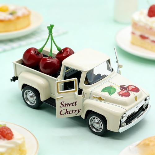 Cherry Truck Decor, Vintage Cream Pickup Truck with Cherry Arrangement, Rustic Farmhouse Summer Tiered Tray Decor, Kitchen Table Centerpiece, Home Office Shelf Decorations - Image 2