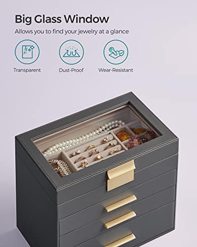 SONGMICS Jewelry Box Organizer, 4-Layer Storage with 3 Drawers, Glass Lid - Image 3