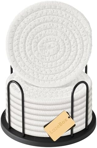 Lazebox Coasters Set of 8 for Drinks, 4 Inch Large Coasters for Coffee Table, Tabletop Protection for Hot & Cold Drinks, Versatile Coasters for Home Decor, Non-Slip & Easy to Clean, White by Lazebox