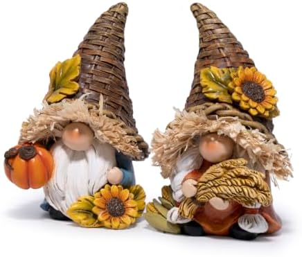 Hodao Thanksgiving Decor Harvest Elf Figurines with Pumpkin Sunflower - Image 2