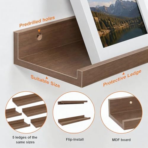 24inch Long Floating Shelves for Wall Decor, 5-Set Shelves with Lip, Walnut - Image 4