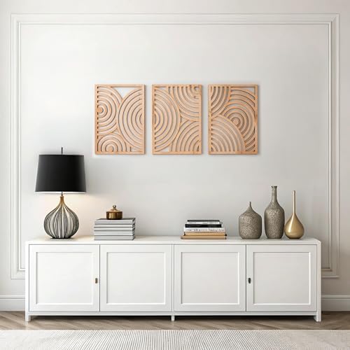 qmmp Modern Wooden Wall Sculptures - Set of 3 - Home Decor Accent - Large Wall Art for Living Room, Bedroom, Office - Easy Installation (Oak, Large - Orbit) by qmmp