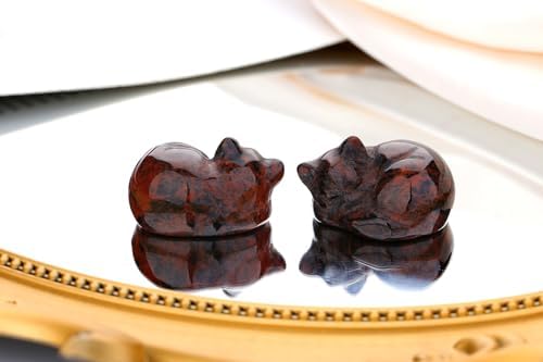 QINJIEJIE 2" Red Obsidian Cat Crystals Decor Statue Sleeping Cat Figurines - Image 2