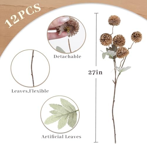 INQCMY 12 Pcs Brown Faux Flowers for Vase 20 Inch Artificial Mums Indoor - Image 3