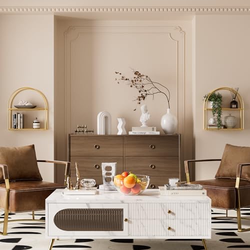 Crofy Gold Arched Frame Wall Shelf, Decorative 2 Tier Bathroom Wall Shelf with Walnut Finish Shelves and Robust Storage Capacity, 6" D x 17.9" W x 19.18" H - Image 5