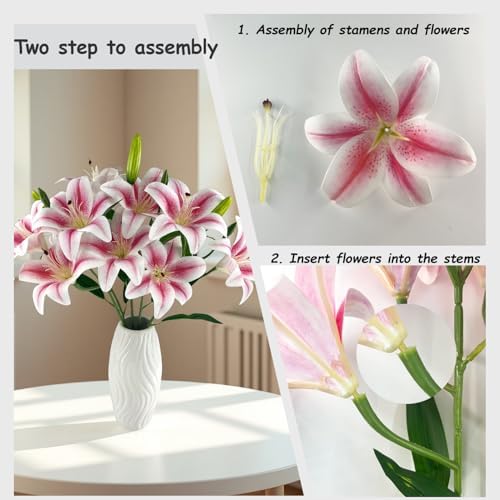 12 Artificial Lily Flowers with 9 Heads Full Bloom Lily & 3 Buds, Long Stem Artificial Stargazer Lilies, Faux Tiger Bouquets for Home Hotel Office Party Decor Table Centerpieces（Light Pink） - Image 4