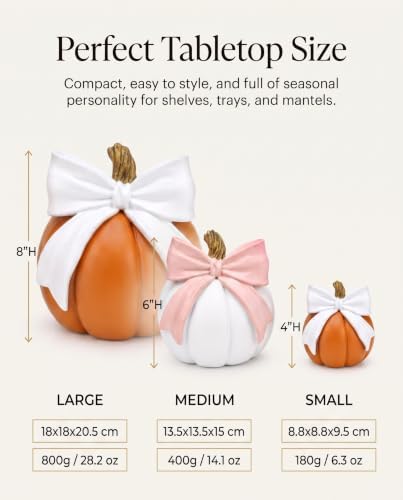 2-Pack Pumpkin Figurines with Bows for Fall Decor Autumn Harvest Decoration - Image 2