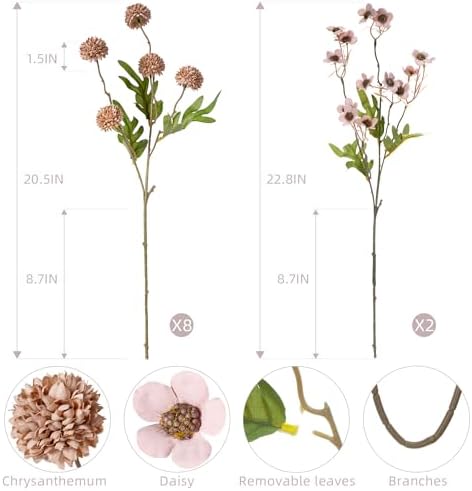 Mixed 10 Pcs Artificial Pompon Mum Set-8 Chrysanthemum & 2 Rose Red Daisy, Brown Silk Faux Flower for Vase Fall Floral Arrangements Wedding Centerpiece DIY Home Indoor Outdoor Decor (No Vase) - Image 3