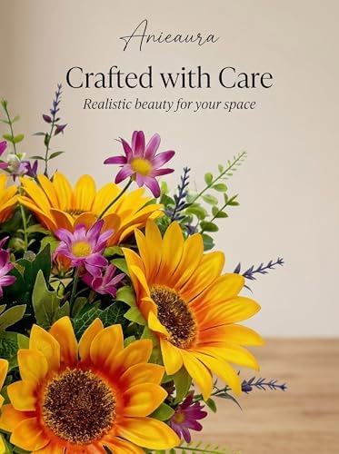 Artificial Sunflower Bouquet with Wildflowers, Silk Fall Cemetery Flowers Arrangement for Vase, Faux Sunflowers Table Centerpiece for Home Kitchen Office Wedding Party Grave Decor - Image 2