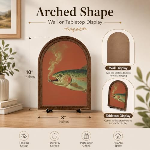 Vintage Wildlife Wood Tabletop Decor, Smoking Trout Arched Frame Wall Art - Image 6