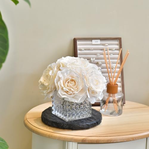 Silk Roses in Glass Vase with LED, Low Centerpiece for Table, Cream - Image 4