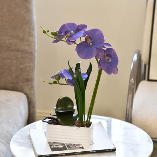 Artificial Real Touch Orchid Flowers with White Ceramic Vase, Lavender - Image 3