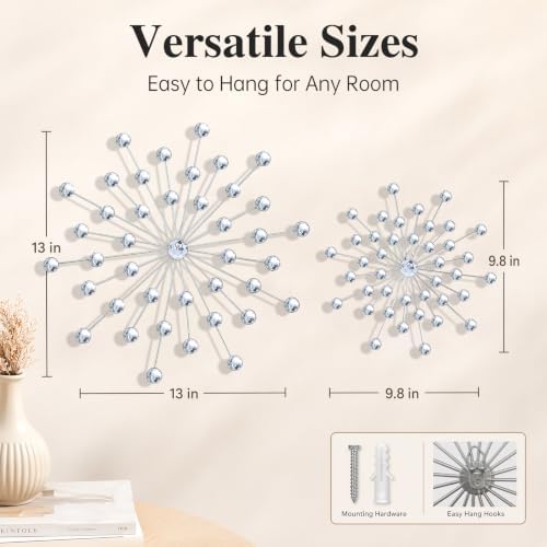 ZEXUIRU 4 Set Silver Starburst Wall Art for Home Decor Metal Bling Crystal Rhinestones Sunburst Wall Decor Sparkling Rhinestone Art Accent Silver - 13 in - Image 3