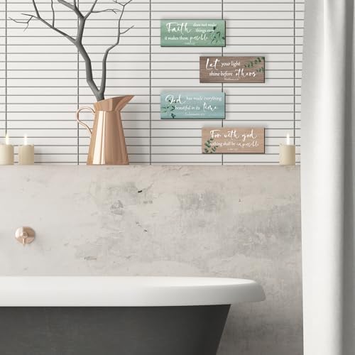 4 Pieces Christian Bible Verses Wall Decor Wooden Religious Art Green Sage Bathroom Decor Religious Gifts for Women Office Home Bedroom Bathroom Living Room(Fresh 10x4 Inches) - Image 3
