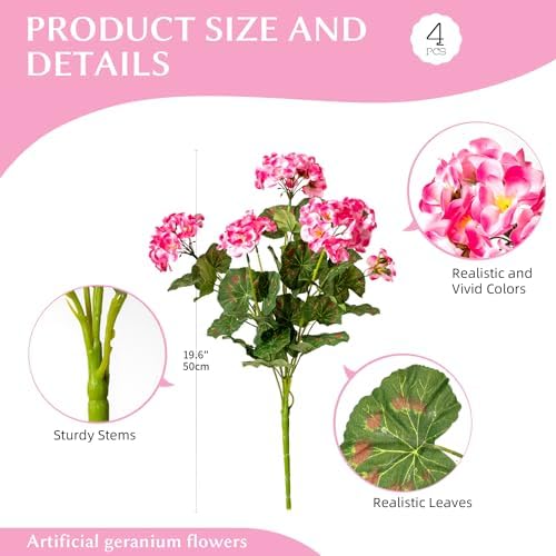 Artificial Geranium Flowers for Outdoors 19.6" Geraniums Artificial Flowers Realistic Faux Geraniums for Outdoor Planters Silk Geranium Indoor Fake Flowers Porch Home Garden Decor No Vase(4PCS，Pink) - Image 2