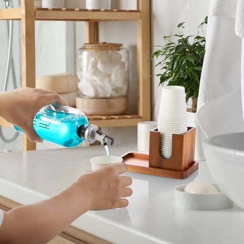 Glass Mouthwash Dispenser for Bathroom, 16 OZ Mouthwash Dispenser with Pour Spout and Acacia Wood Cup Holder and Tray, Mouth Wash Bottle Container, Farmhouse Kitchen Bathroom Decor and Accessories - Image 6
