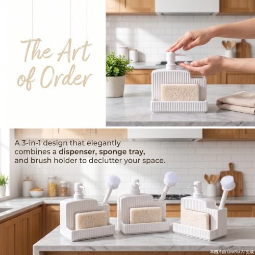 RQYIXI 3-in-1 Ceramic Square Soap Dispenser with Sponge Holder,White,18 Oz - Image 2