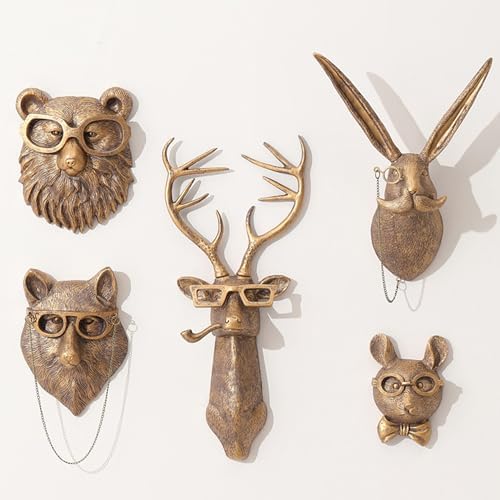 Joogour Head Wall Mount Decor,Resin Animal Sculptures，Art Deco Wall Hanging Decoration for Living Room Bedroom Officeroom Gift (Set of 5) by Joogour